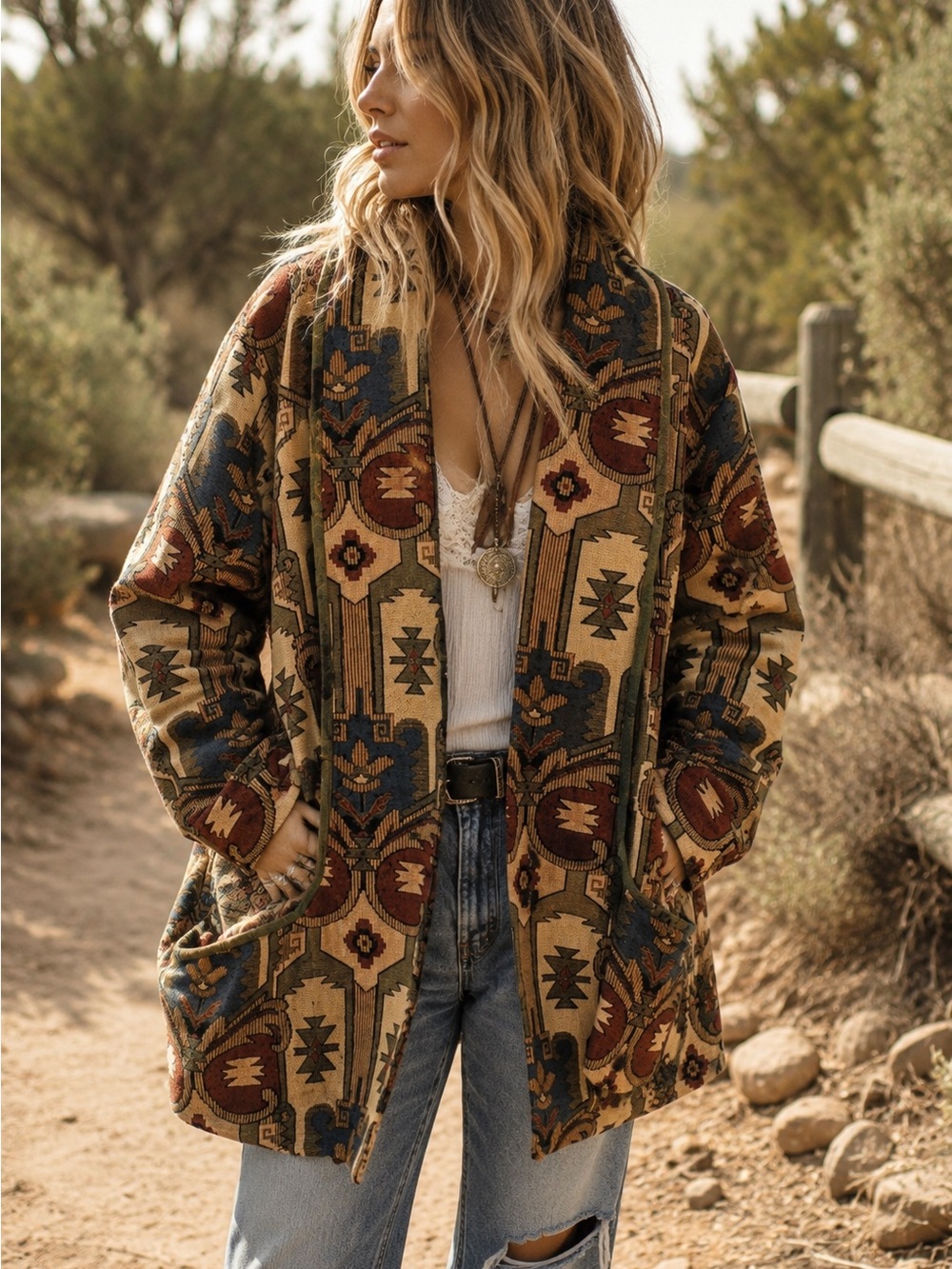 Bohemian Woven Aztec Jacket - Tan Multi